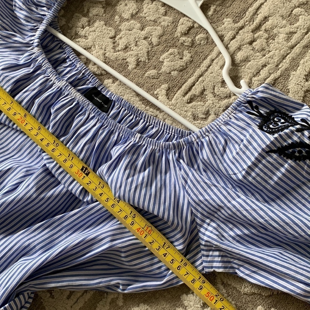 Who What Wear Dress Embroidered Striped Large pockets tie waist off Shoulders - Picture 14 of 16